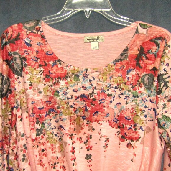 One World Live And Let Live Peach Floral Top Women Size M Twist Front 3/4 Sleeve - Picture 2 of 8